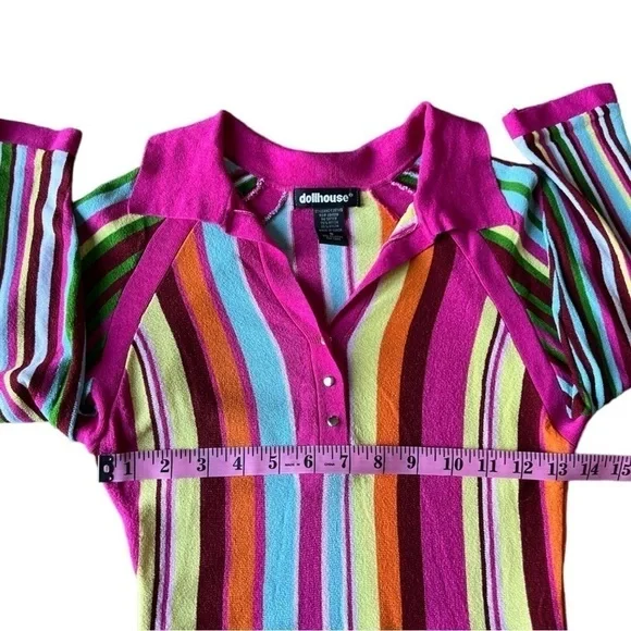 Dollhouse Women’s Retro 70s Barbie Style Multicolor Striped Collared Top, Small - Picture 6 of 9
